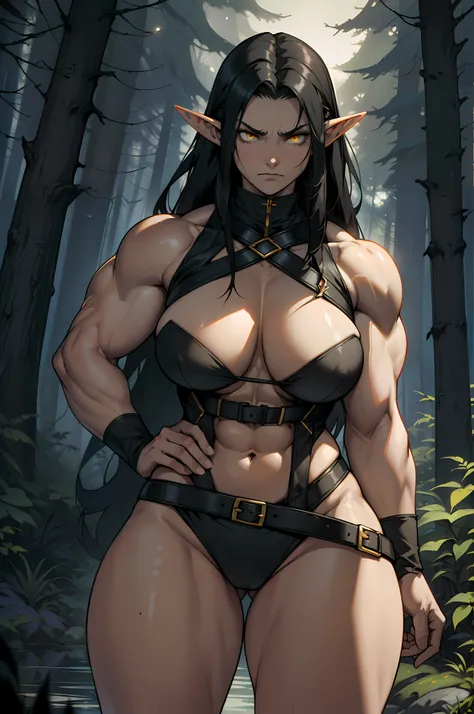 (forest, nighttime, dark atmosphere), solo, ((((1 girl)))), very long hair, black hair, angry, yellow eyes, (((((muscular))))), (huge tits), (thick thighs), (wide hips), pale skin, (elf, long pointy ears), standing, slick hair