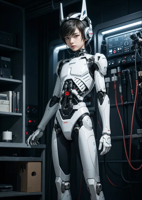 boy with robot body、（1 boy）、sixteen years old、wear headgear on your head、Titanium alloy skeleton、A body made of small control motors, cylinders and pipes、Smooth abs、Powerful body、Many cables and tubes connect the body to the control panel、电影灯光、numerous pil...