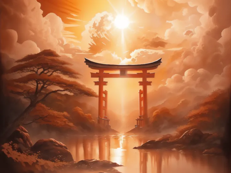 (((masutepiece))), high quality, extremely detailed, torii in the clouds, sunlight, morning, sunrise, autumn, superfine illustra...