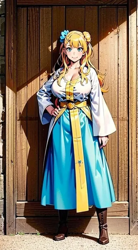 galko,1girl, solo, smile, full body, standing, long skirt, priestess, religious, holy, cute, blush, ,tall female, medieval clothing, white veil, tunic, long skirt,boots, huge brest, curvy,sexy, sensual, volouptouse, thicc, jade green eyes