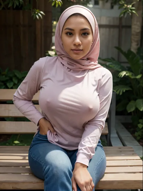 RAW, Best quality, high resolution, masterpiece: 1.3), beautiful Malay woman in hijab, Masterpiece, perfect slim fit body, (big breasts), nice tits, big gorgeous eyes, Soft smile, wear a pastel lose long sleeve shirt and a tight jeans, sitting on bench, sp...