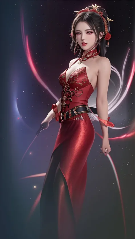 there is a woman in a red dress posing for a picture, NeonHypnoPMV, trending on cgstation, ig model | artgerm, trending at cgstation, by Yang J, yanjun chengt, by Russell Dongjun Lu, inspired by Feng Zhu, beautiful digital artwork, chinese girl, by Li Song...