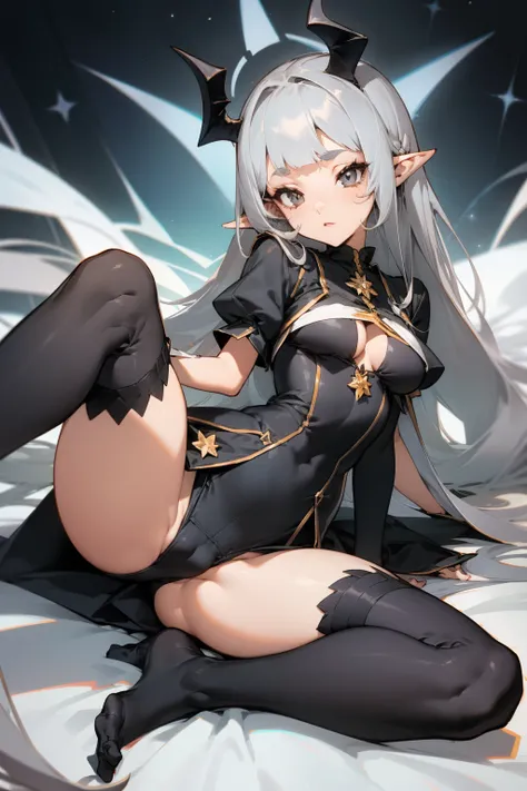 pointy ears，Bigboobs，Two legs，Over-the-knee stockings，（Princess cut hairstyle），Long gray hair，Have long hair on the sideburns，thedemongirl，spread their legs，As estrelas