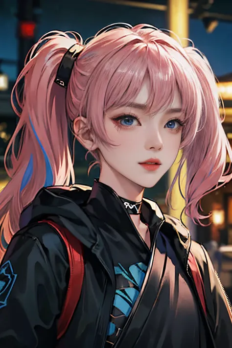 1人の女性、 Look at the viewer,
Her upper body, Her beautiful blue eyes, Pink hair with twin tails, Moles under her eyes, Plump and glossy lips, Heart-shaped choker,Female ninja 、stealth、Ninja Black Costume、Black mask、Looking at the viewer, smiling at the viewe...