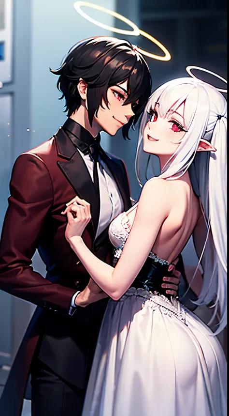 a girl angel with white straight hair, white wings, white dresses, a halo, purple eyes. and a boy devil, black hair, red horns, ...