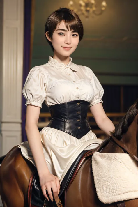 98
(a 20 yo woman,is standing), (A hyper-realistic), (high-level image quality), ((short-hair:1.46)), (Gentle smile), (Keep your mouth shut), (Riding a horse), (ride horse、Horse racing、carriage)