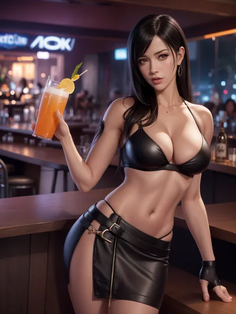 there is a woman in a bikini holding a drink in a bar, tifa lockhart, seductive tifa lockhart portrait, tifa, tifa lockheart, tifa lockhart portrait, glamorous tifa lockheart, portrait of tifa lockhart, nico robin, tifa lockhart with white hair, deviantart...