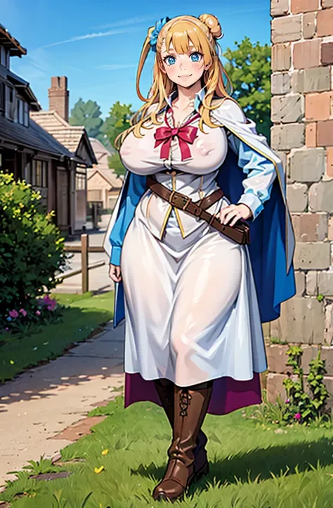 galko,1girl, solo, smile, full body, standing, long skirt, priestess, religious, holy, cute, blush, ,tall female, medieval clothing, white veil, tunic, long skirt,boots, huge brest, curvy,sexy, sensual, volouptouse, thicc