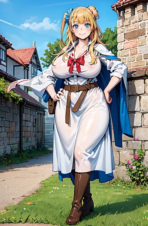 galko,1girl, solo, smile, full body, standing, long skirt, priestess, religious, holy, cute, blush, ,tall female, medieval clothing, white veil, tunic, long skirt,boots, huge brest, curvy,sexy, sensual, volouptouse, thicc