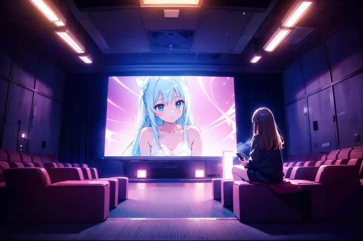 1 cute girl, sitting in movie theatre, movie screen,looking sci-f movie , (from behind), dark lighting, wide shot, lights turned off,  darkness , ((masterpiece)), ((best quality)), ((ultra-detailed)), (illustration), ((an extremely delicate and beautiful))