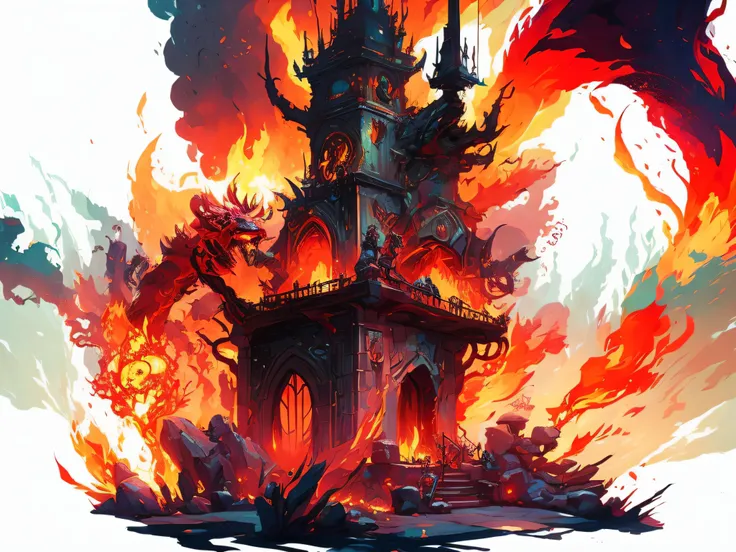 illustration of a tower with a fire and flames coming out of it, colorful concept art, very coherent stylized artwork, a beautiful artwork illustration, ornate with fiery explosions, 4k detailed digital art, andreas rocha style, epic fantasy digital art st...