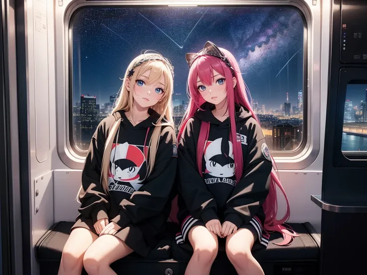 Train,  Sitting by the window,  pensive poses, Look at the stars, Head glued to glass, Scenery passing by at high speed, Overnight trip, Beautiful starry sky, and beautiful girls, UHD Portrait, (High quality) (Ultra Details) Viewers in hip-hop-style street...