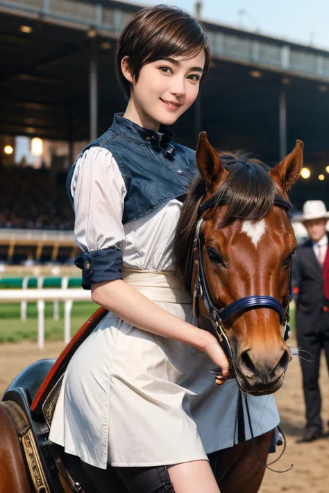 98
(a 20 yo woman,is standing), (A hyper-realistic), (high-level image quality), ((short-hair:1.46)), (Gentle smile), (Keep your mouth shut), (Riding a horse), (ride horse、Horse racing、carriage)