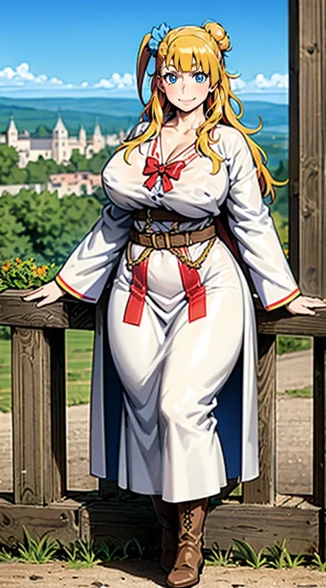 galko,1girl, solo, smile, full body, standing, long skirt, priestess, religious, holy, cute, blush, ,tall female, medieval clothing, white veil, tunic, long skirt,boots, huge brest, curvy,sexy, sensual, volouptouse, thicc, refsheet