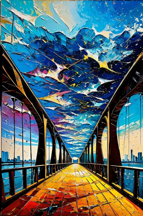 high quality, Impressionism, Abstract, Brushstroke, Palette knife, Canvas, Landscape, Perspective, Impasto, Chiaroscuro, Contrast, Harmony, Texture, A big bridge made of starry sky, by yukisakura, awesome full color,