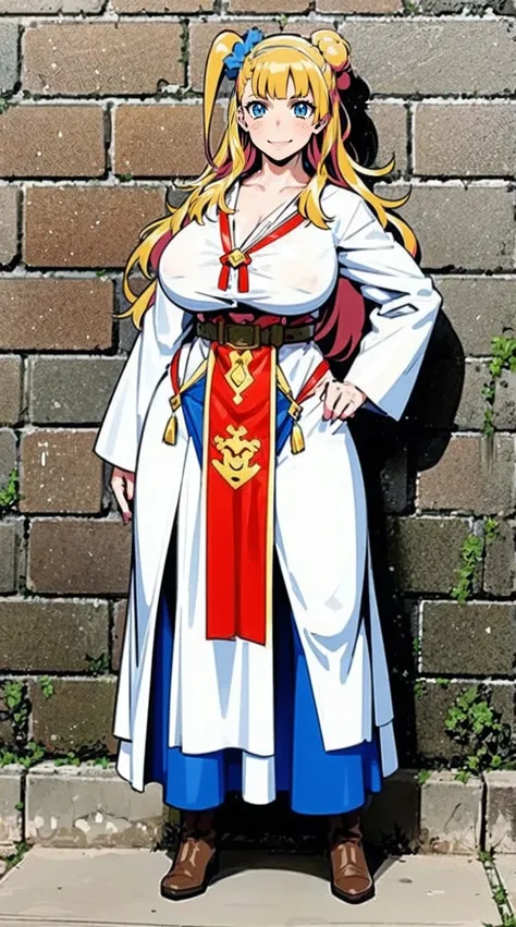 galko,1girl, solo, smile, full body, standing, long skirt, priestess, religious, holy, cute, blush, ,tall female, medieval clothing, white veil, tunic, long skirt,boots, huge brest, curvy,sexy, sensual, volouptouse, thicc, refsheet