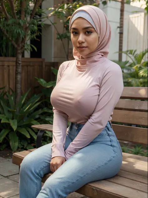 RAW, Best quality, high resolution, masterpiece: 1.3), beautiful Malay woman in hijab, Masterpiece, perfect slim fit body, (big breasts), big gorgeous eyes, Soft smile, wear a pastel loose long sleeve shirt and a tight jeans legging, thick thighs, sitting ...