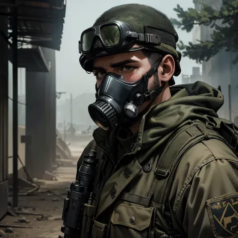 A man in military uniform and gas mask, caminhando pela mata , front camera view, estilo desenho,  Clear focus, dramatic light, post apocalyptic atmosphere, para usar como avatar, patch com logo Bioharzad