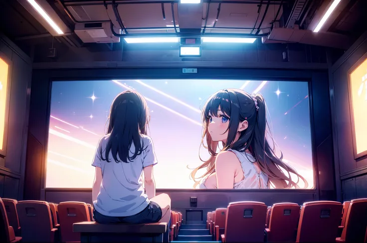 1 cute girl, sitting on movie theater seat, movie screen,looking movie , (from behind), wide shot, lights turned off,  darkness , ((masterpiece)), ((best quality)), ((ultra-detailed)), (illustration), ((an extremely delicate and beautiful))