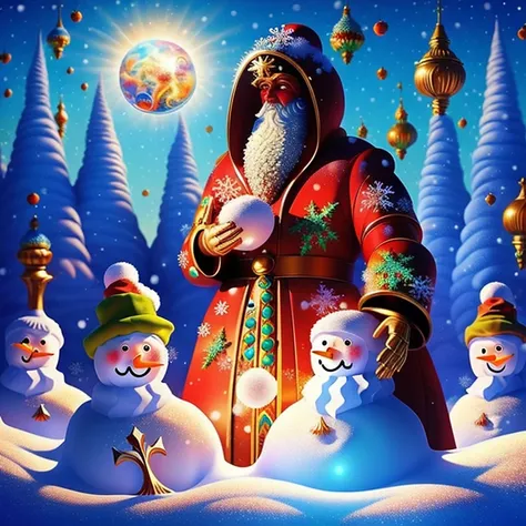 the God said "let there be snow man", surreal art, psychedelic art, high resolution, masterpiece, top quality