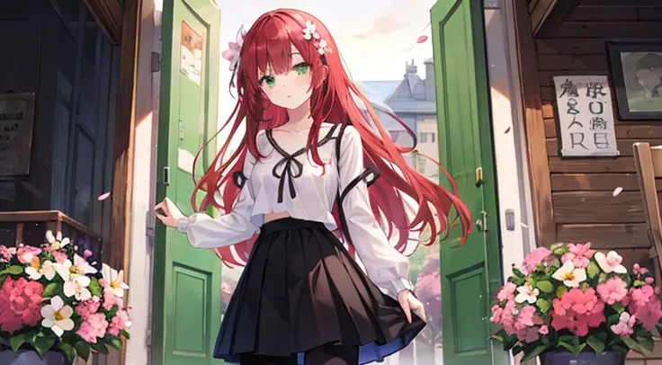 Red long-haired、Green-eyed、beuaty girl，self-expression、Light-colored top、short  skirt、The stands up、doors、blossom flower、black colored leggings