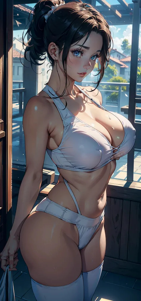 1female，45 yers old，A MILF，熟妇，mature，Married woman，，The chest is large，Huge cleavage， A sagging breast，独奏，（Background with：soccer court） ，high ponytails，Short hair details，seen from the front， The sky is mostly cloudy，（（（tmasterpiece），（Very detailed CG uni...