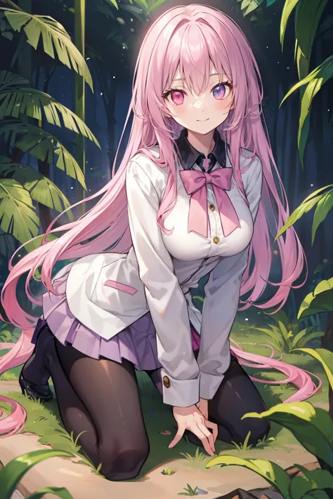 tmasterpiece, Best quality at best, 1个Giant Breast Girl, Alone, light violet hair, Long gray hair, dual horsetail, Heterochromia, ((a pink eyes)), in jungle,  kneeling down, looking at the screen, Self-confident, ssmile, jaket, a skirt，black pantyhoses