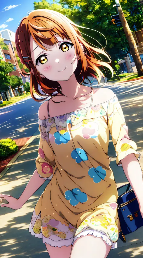 (best quality), (HD),high quality, best quality, masterpiece, ayumu uehara, 1girl, Anime-style color grading, bushiroad studio coloring style, yellow eyes, medium hair, blue sky, ((hair down)), museum