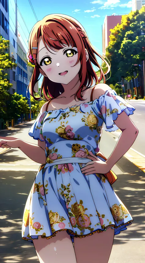 (best quality), (HD),high quality, best quality, masterpiece, ayumu uehara, 1girl, Anime-style color grading, bushiroad studio coloring style, yellow eyes, medium hair, blue sky, ((hair down)), museum