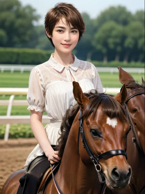 98
(a 20 yo woman,is standing), (A hyper-realistic), (high-level image quality), ((short-hair:1.46)), (Gentle smile), (Keep your mouth shut), (Riding a horse), (ride horse、Horse racing、carriage)