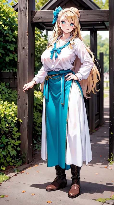 galko,1girl, solo, smile, full body, standing, long skirt, priestess, religious, holy, cute, blush, ,tall female, medieval clothing, white veil, tunic, long skirt,boots, huge brest, curvy,sexy, sensual, volouptouse, thicc, , jade green eyes