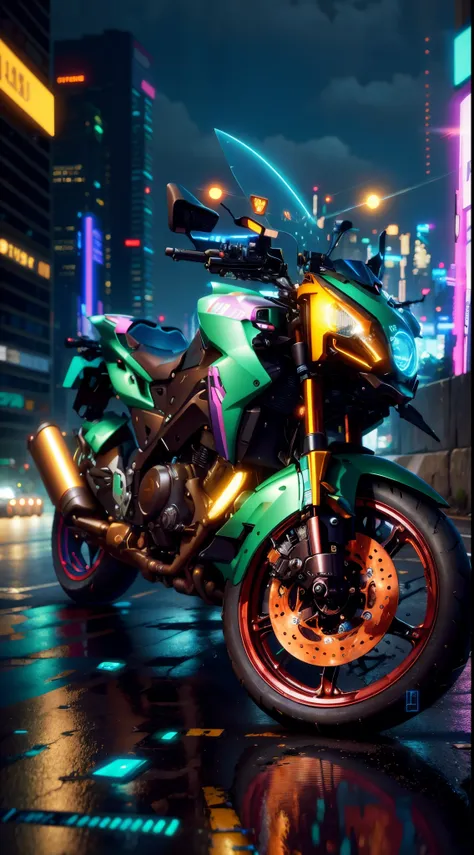 (Cyberpunk)motorcycle parked on the side of the road at night, front side full, front side view, semi realism, touring, 1128x191 resolution, front profile!!!!, unreal enging, taken with the best dlsr camera, frontshot, front side, frontal picture, very sha...