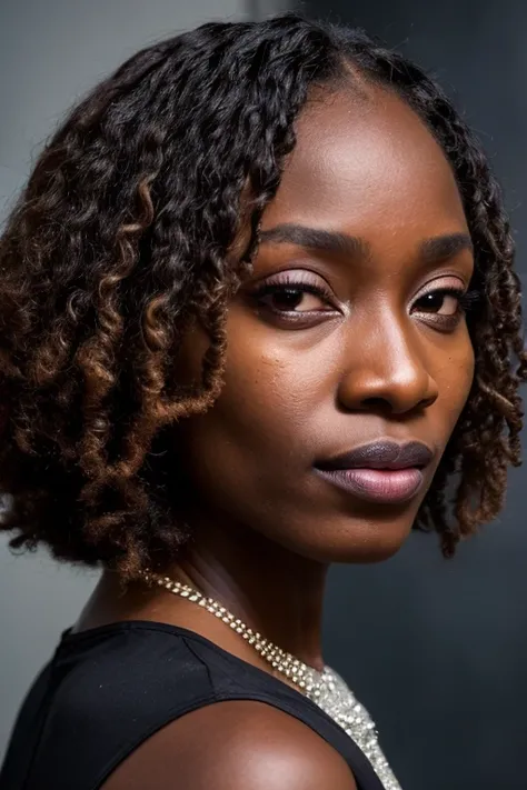 candid dark backside close up face portrait of a Glamorous (nigerian woman:1.2) model (with long Cinnamon Curly Bob Haircut:1.2), (posing in Historic Art Museum with Masterpieces and Sculptures during dazzling twinkling cold night :1.2), looking at viewer,...