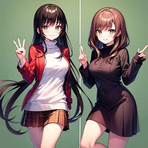 1girls, Petite and cute 23 year old girl、baby-faced、Breasts are large、brown colored hair、semi long hair、White turtleneck sweater、Duffel coat、Red check muffler、Long pleated skirt、stockings、A slight smile、peace signs、Green background