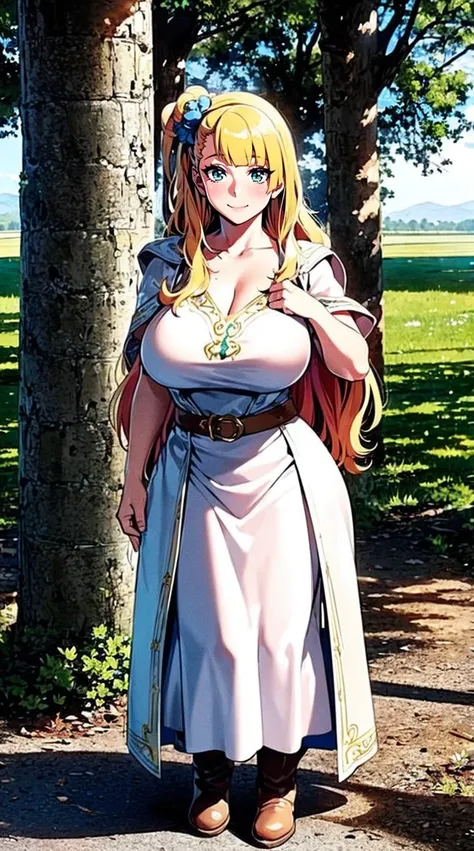 galko,1girl, solo, smile, full body, standing, long skirt, priestess, religious, holy, cute, blush, ,tall female, medieval clothing, white veil, tunic, long skirt,boots, huge brest, curvy,sexy, sensual, volouptouse, thicc, , jade green eyes