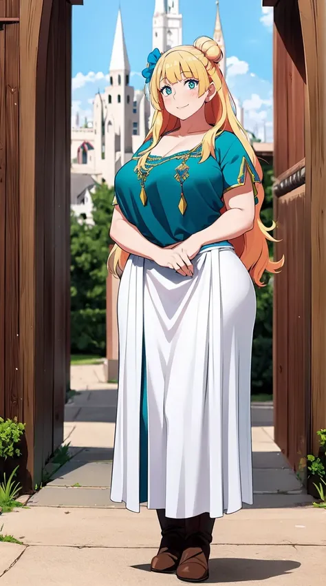 galko,1girl, solo, smile, full body, standing, long skirt, priestess, religious, holy, cute, blush, ,tall female, medieval clothing, white veil, tunic, long skirt,boots, huge brest, curvy,sexy, sensual, volouptouse, thicc, , jade green eyes