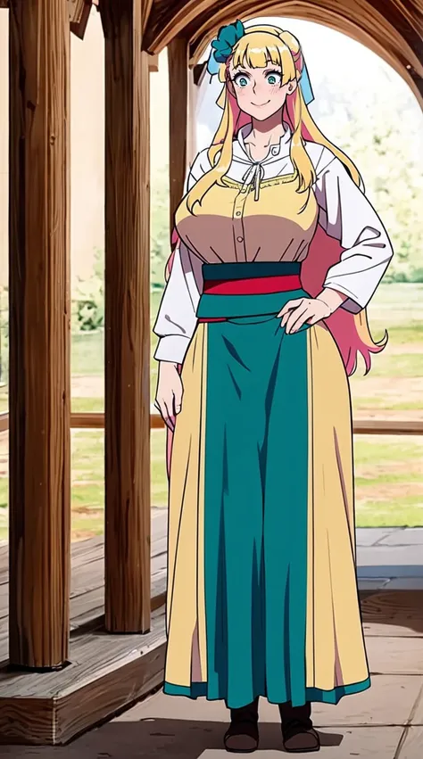 galko,1girl, solo, smile, full body, standing, long skirt, priestess, religious, holy, cute, blush, ,tall female, medieval clothing, white veil, tunic, long skirt,boots, huge brest, curvy,sexy, sensual, volouptouse, thicc, , jade green eyes