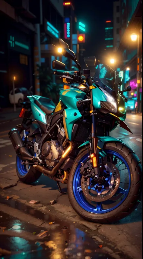 (Cyberpunk)motorcycle parked on the side of the road at night, front side full, front side view, semi realism, touring, 1128x191 resolution, front profile!!!!, unreal enging, taken with the best dlsr camera, frontshot, front side, frontal picture, very sha...