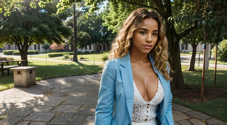 In the radiant glow of a sunlit afternoon on the university campus, an Afro-Brazilian student with luscious blonde curls exudes confidence and style as she gracefully strolls through the grounds. Dressed in a sophisticated ensemble, she wears a blue blazer...