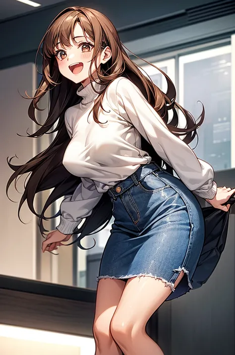 ((1girl in)), Curate, Anatomically correct, Super Detail, top-quality, Very delicate, The upper part of the body, Very petite and cute girl , (Breasts are big:1.5), very baby face, Brown hair, loose and fluffy semi-long hair,  White long sleeve sweater, De...