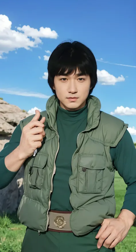 Real life adaption of this character ,The face of a man in his 40s,realistic same bowl cut hair , (realistic same outfit wear green thick vest with many pocket), realistic background , realistic light, realistic shadow, realism, hyper realistic,(photoreali...