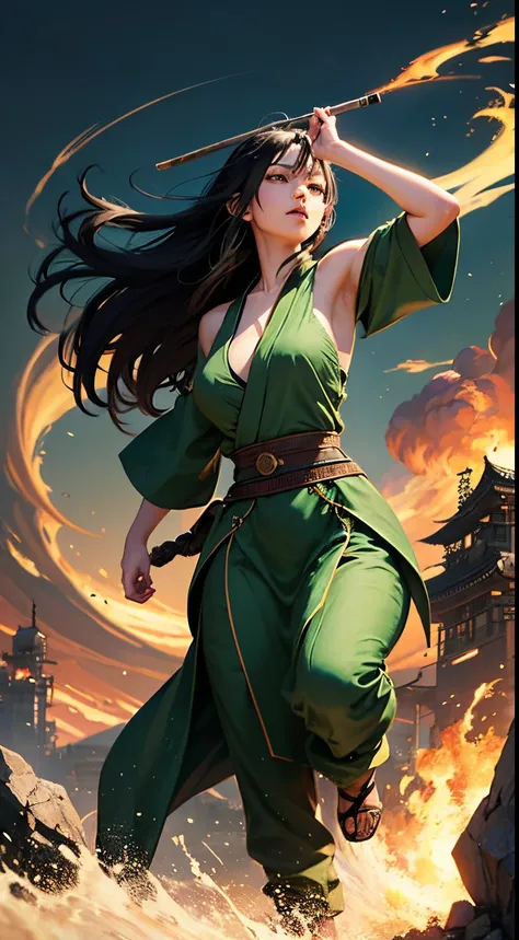 realistic anime style, from the front, Woman, Japanese, 20 years old, long black hair, green eyes, shaolin monk, warrior monk, green open monk clothes, bandages holding up breasts, medium breasts, dragon tattoo, scenery mountain in the background