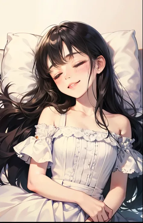 girl with、Background white、without background、A dark-haired、The long-haired、Contrasting bangs、sleep、sleeping princess、one piece dress、with blush cheeks、Smiling、kawaii、without background