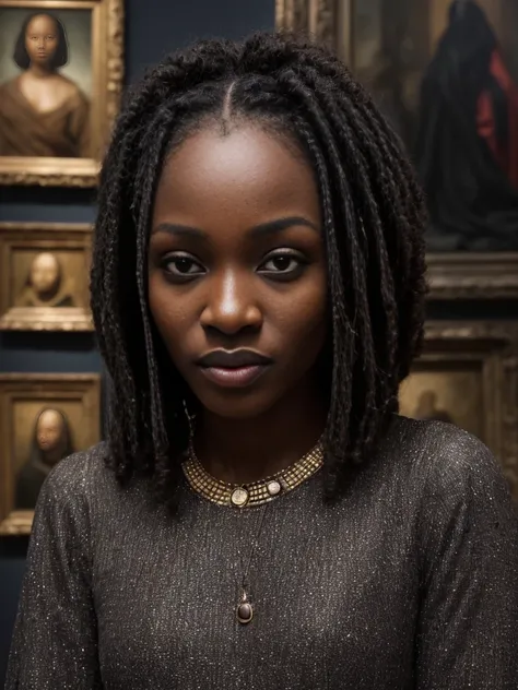 candid dark backside close up face portrait of a Glamorous (nigerian woman:1.2) model (with long Cinnamon Curly Bob Haircut:1.2), (posing in Historic Art Museum with Masterpieces and Sculptures during dazzling twinkling cold night :1.2), looking at viewer,...