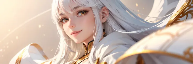 best quality, white hair, gold eyes, white clothes, hair strand, Fair skin, smiling