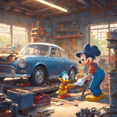 "A masterpiece illustration of Mickey Mouse and Donald Duck as a skilled mechanic repairing a car, Featuring perfect body proportions and an impeccably detailed head, in high definition."