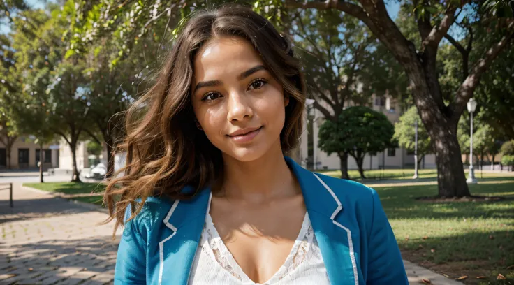 In the radiant glow of a sunny afternoon on the university campus, an Afro-Brazilian student with gorgeous blonde curls exudes confidence and style as she gracefully walks through the gardens. Vestido com um conjunto sofisticado, ela usa um blazer azul que...