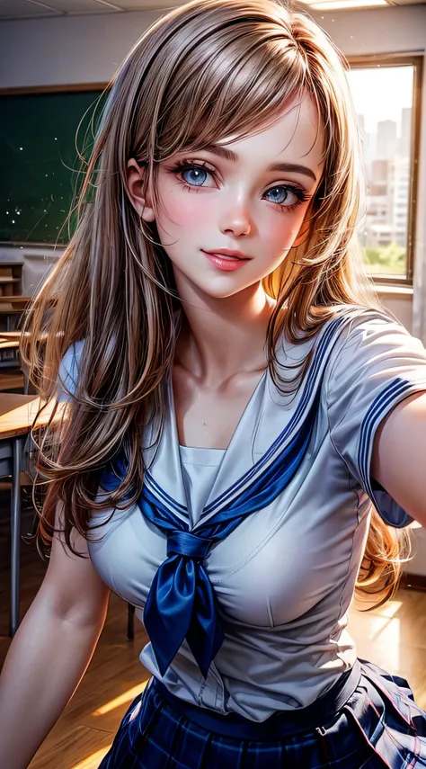 1girl in, Extremely cute, Amazing face and eyes, (Beautiful lovely smile), (extremely detailed beautiful face), bright and shiny lips,  Keep staring at me, Super beautiful, (School uniform:1.3), (Best Quality:1.4), (hyper quality), (Ultra-detailed), (Hyper...