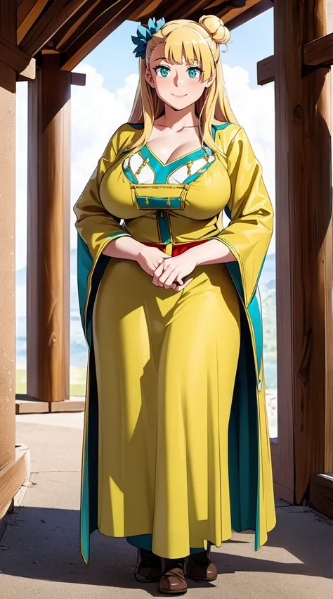 galko,1girl, solo, smile, full body, standing, long skirt, priestess, religious, holy, cute, blush, ,tall female, medieval clothing, white veil, tunic, long skirt,boots, huge brest, curvy,sexy, sensual, volouptouse, thicc, , jade green eyes