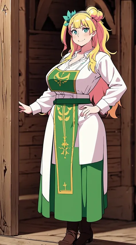 galko,1girl, solo, smile, full body, standing, long skirt, priestess, religious, holy, cute, blush, ,tall female, medieval clothing, white veil, tunic, long skirt,boots, huge brest, curvy,sexy, sensual, volouptouse, thicc, , jade green eyes